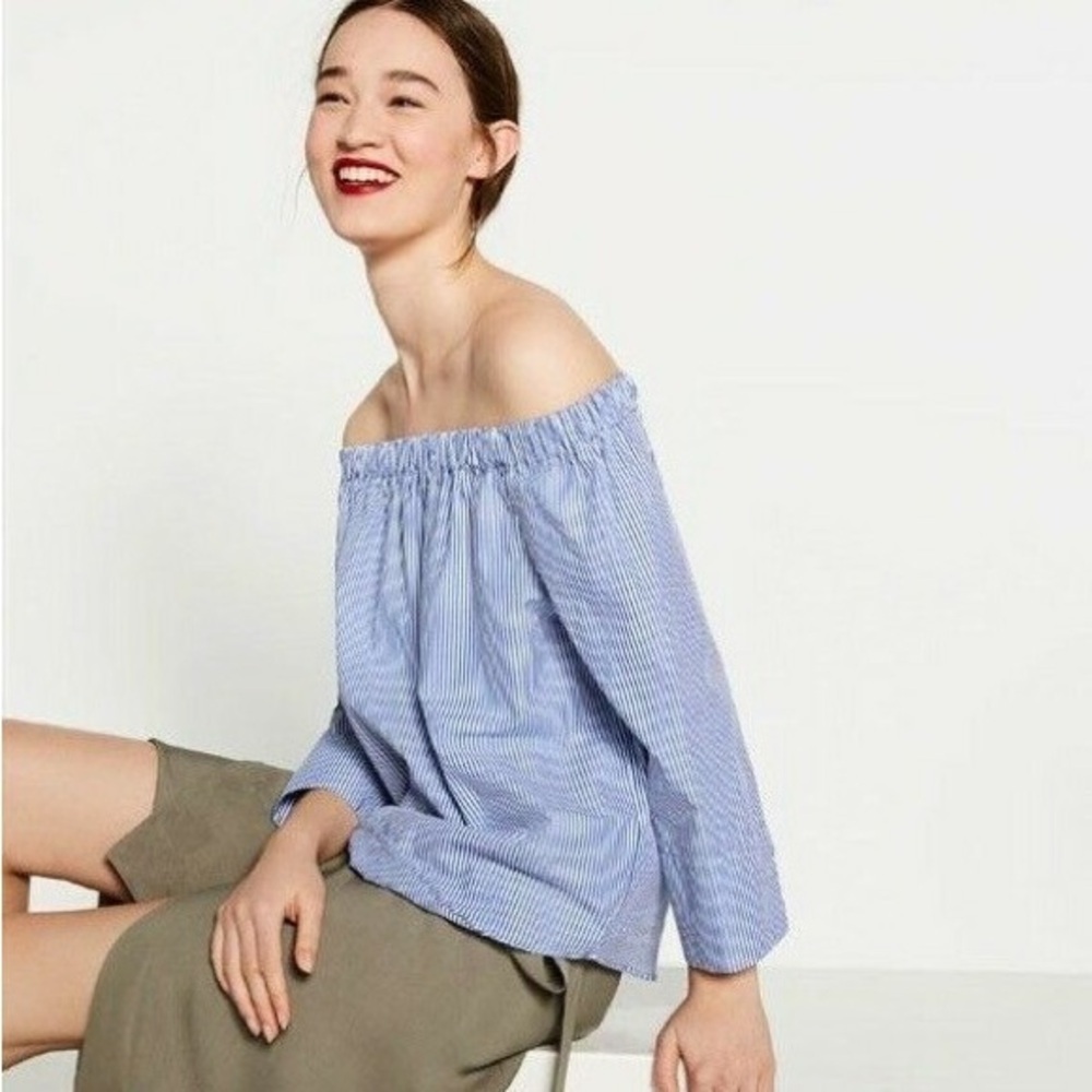 Zara - Off The Shoulder Blue And White Stripe Long Sleeve Blouse Size Small